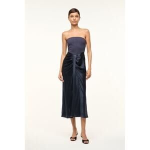 NWT STAUD Wayfaring Mix Media Strapless Midi Dress Navy 14